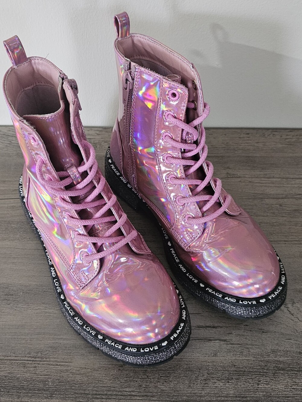 Steve Madden Pink Metallic Iridescent Lace-Up Combat Boots Girl 2